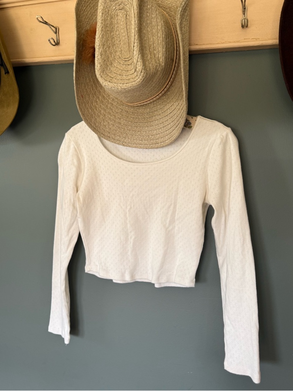 Heart & Hips cottage core pointelle White Long-Sleeve Scoop Neck Top